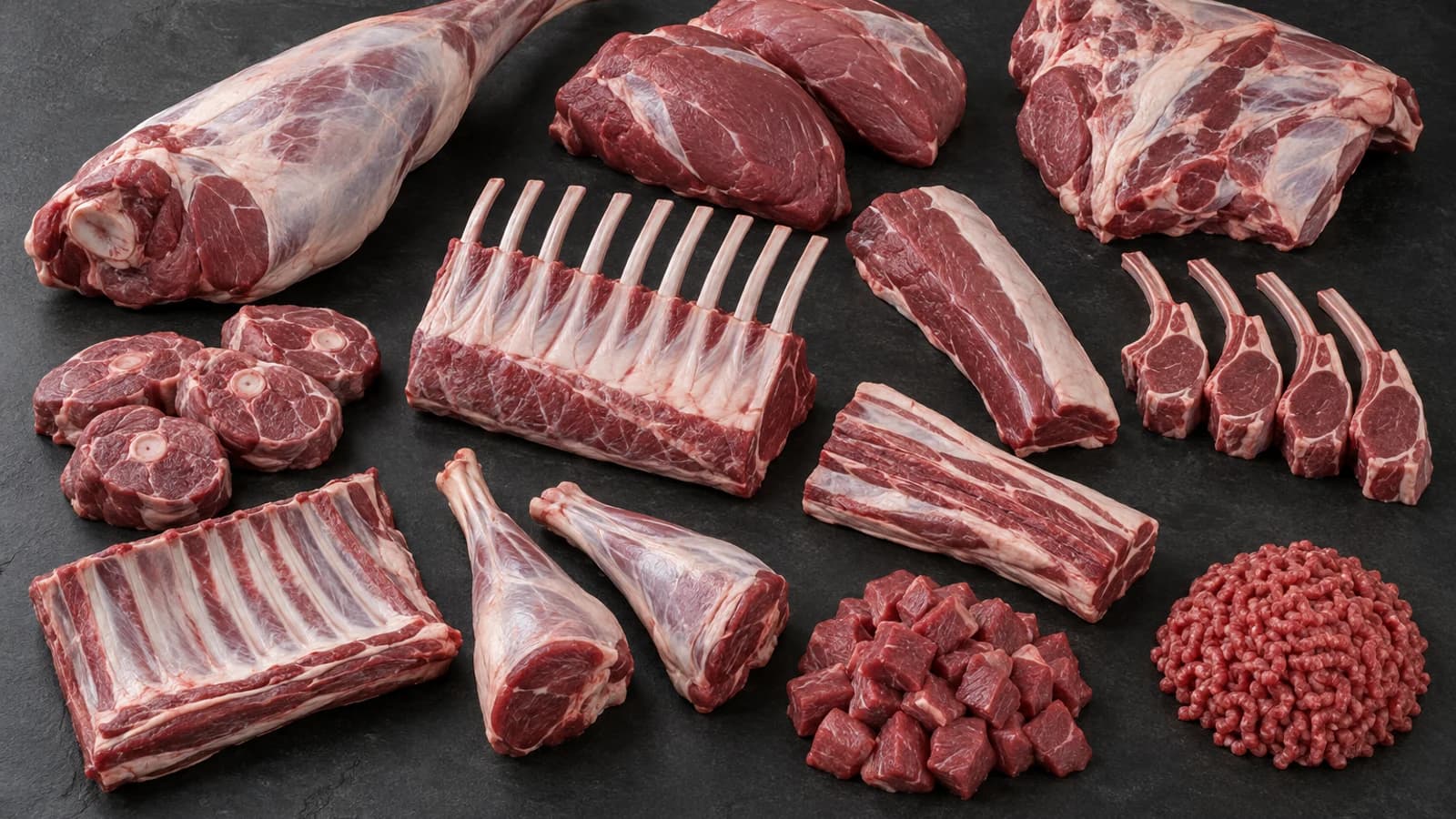 Professional assortment of premium raw mutton and lamb cuts